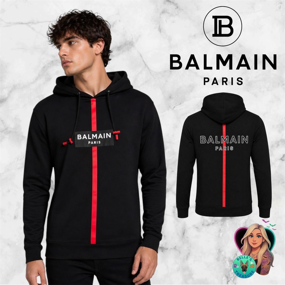 Balmain Paris Mens Small Logo Hoodie Black Red Stripe Cotton Hooded Sweatshirt